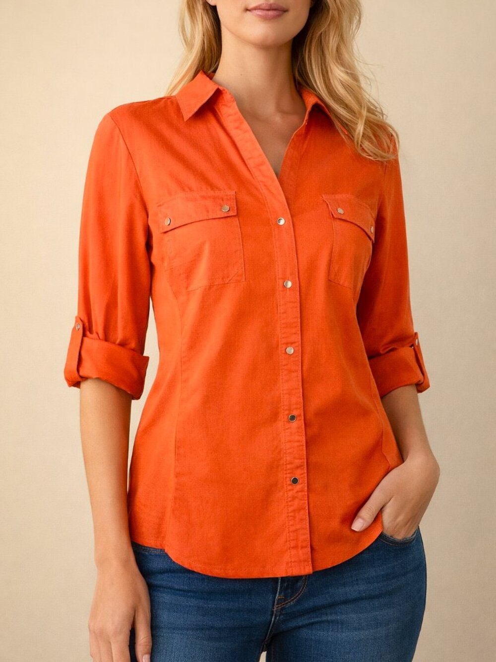 Zac & Rachel Orange Button Up Blouse Stretch Knit Panel Size L